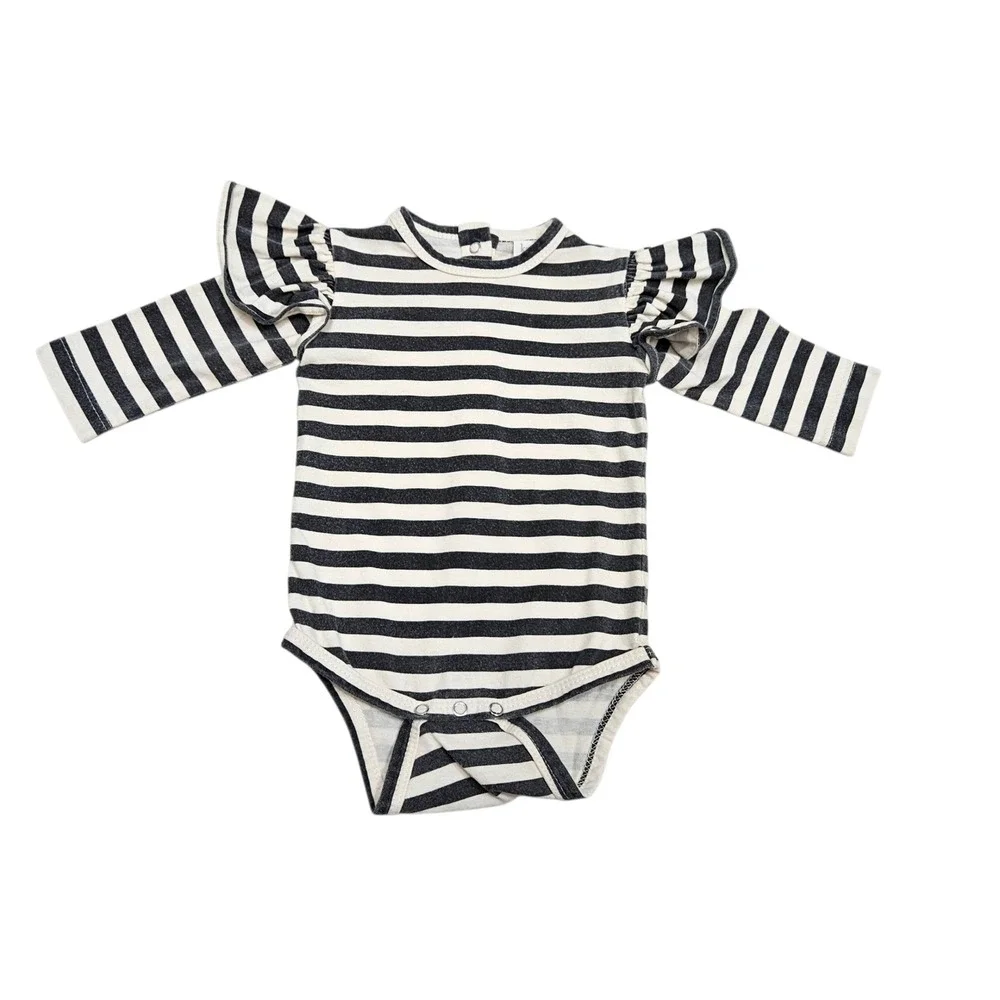 Kate Quinn Organic Cotton Striped Ruffle‎ Shoulder Long Sleeve Baby Bodysuit